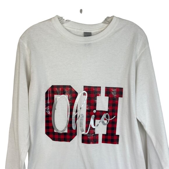 Gildan Long Sleeve Tee Ultra Cotton Ohio Plaid Letter White Size Small - Picture 3 of 10